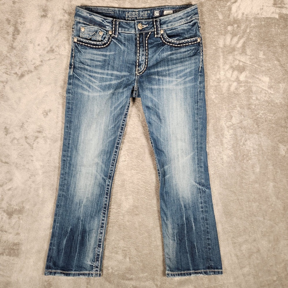 Miss Me Capri Women 29 JB1026P4 Blue Thick Stitch Embellished Boyfriend EUC